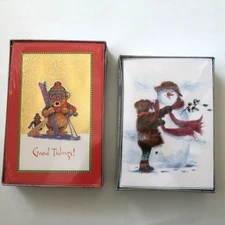 2 Sets Vintage Holiday Christmas Card Box 38 Cards New Sealed Snowman Teddy Bear