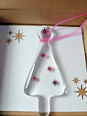 Handgefertigter Schmelzglas Weihnachtsbaum mit echten Kupfersternen tolles festliches Geschenk 3