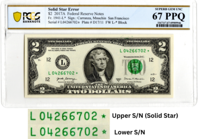 2017A Star $2 Two Dollar PCGS Graded Gem 67PPQ SOLID/FILLED STAR