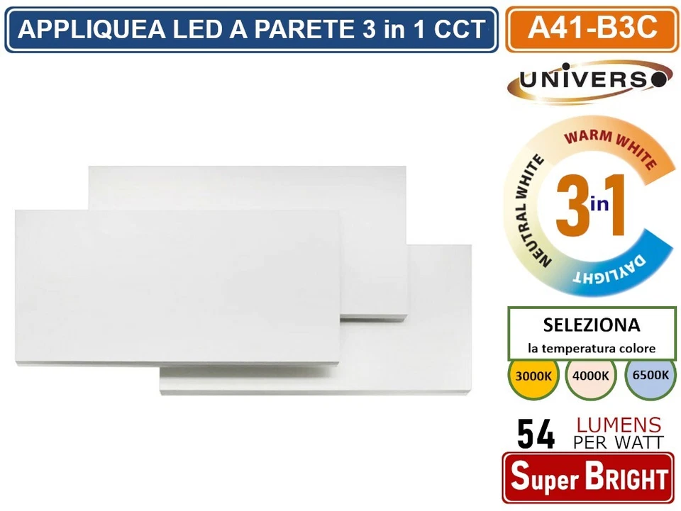 APPLIQUE LED RETTANGOLARE A PARETE 12W CCT 3 COLORI LUCE SELEZIONABILI IP20 - Immagine 3 di 4