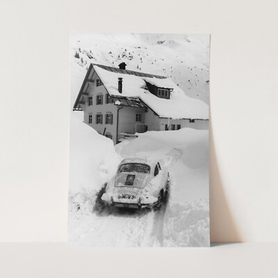 Porsche 911 Vintage Outside Ski Lodge Chalet Classic Car Wall Art Poster Print