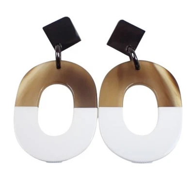 Pendientes HERMES Ism en madera lacada de cuerno de búfalo marrón y blanco y ... - Imagen 1 de 4