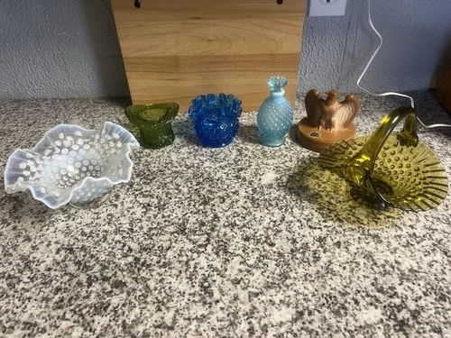 Vintage Lot Of 6 Fenton Glass Pieces Basket Paperweight Hobnail & More