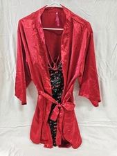 Seven Til Midnight Sexy Silky Cherry Print Laceup Back Nightie Lingerie W/ Robe