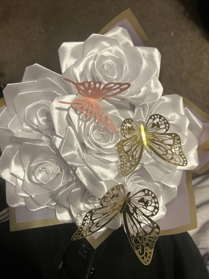 Homemade 7 Ribbon Rose Flower Bouquet In White With Pink And Golden Butterfly’s - Image 2 of 4