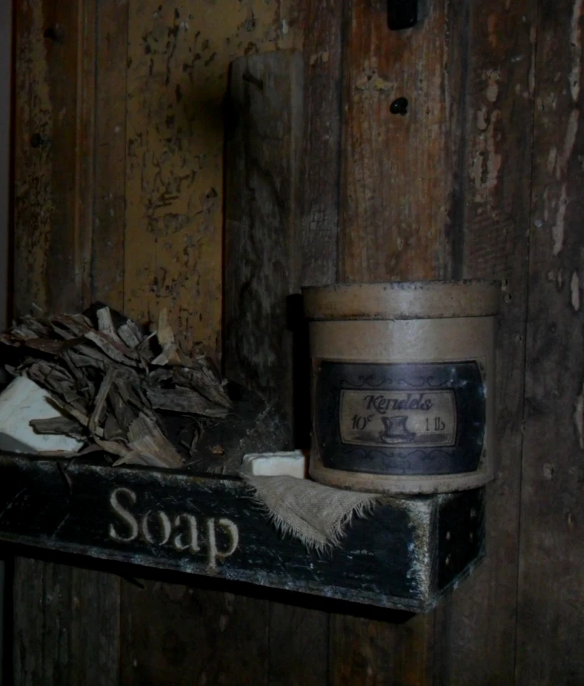 Primitive Soap Box,  Lye Soap, Corn Husk Scrub Brush,  Old Cabin Wall Box, Lath - Image 3 of 4