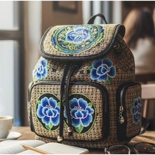 Boho Embroidered Flowers Backpack Black Brown Blue 3 Pockets 12x13x5