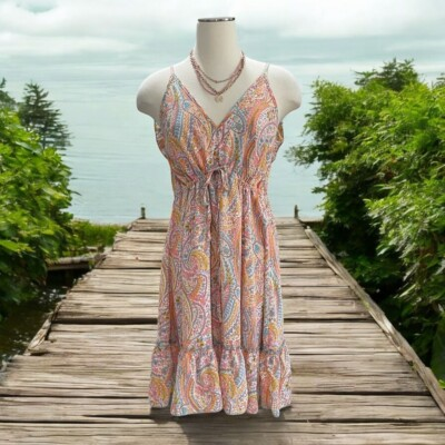 #ad Boho Paisley Sundress with Ruffle Back Vibrant Summer Beach Festival Resort $21.49