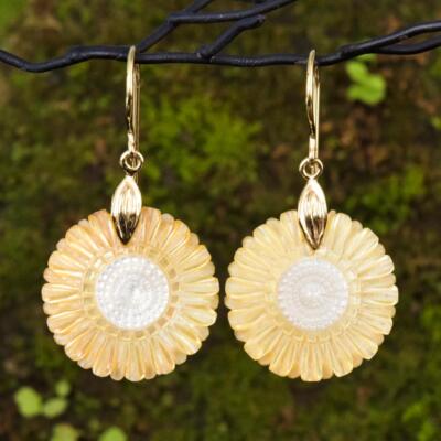 Margerite Blume Ohrringe Perlmutt Muschel & Gold Vermeil Sterling 4.97 G