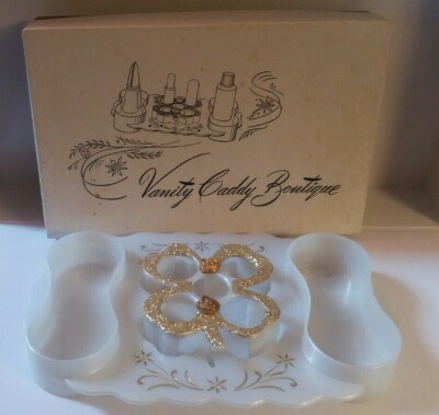 Vintage Mid Century Vanity Caddy Boutique in box four leaf clover gold/white