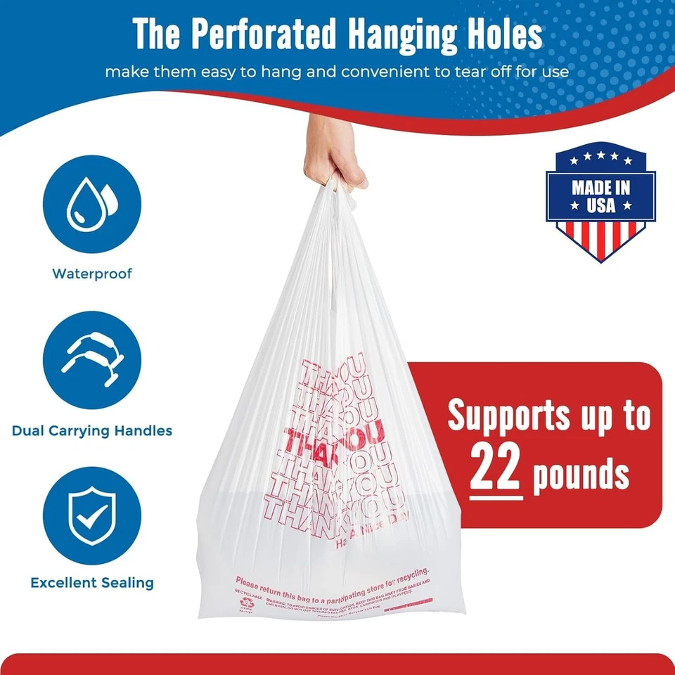 1000 Thank You T-Shirt Bags 12" x 6.5" x 21", Plastic Grocery Shopping Bags - Image 3 of 4