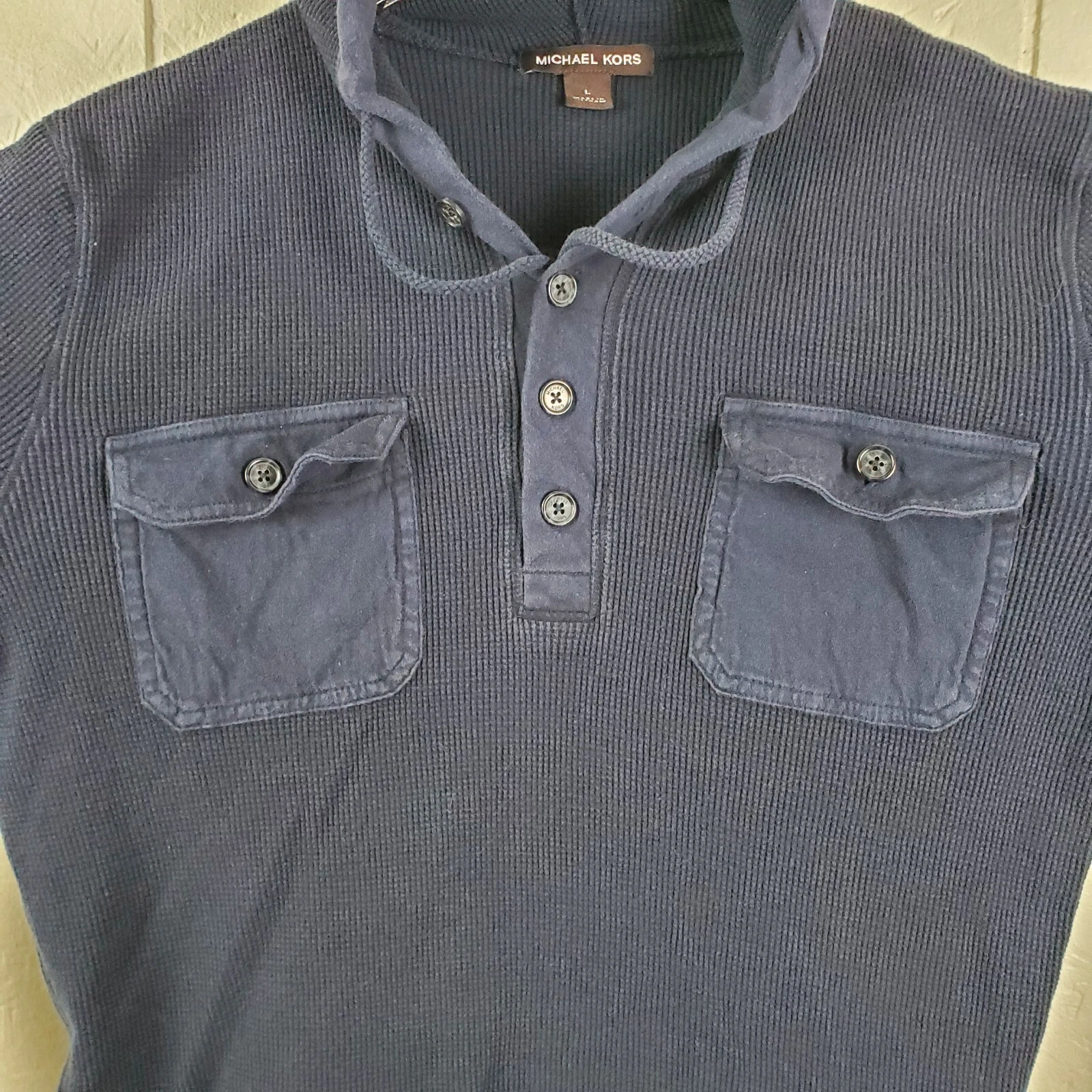 Michael Kors Felpa con Cappuccio Uomo Grande Blu Henley 1 4 Bottone Manica Lunga Tasca Elasticizzata