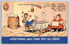 Vintage Postcard Funny Humor Cartoon Hillbilly Fat Woman Chickens Dog Linen