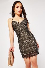 New Black & Nude Crochet / Lace Detail Bodycon Short Party Dress Size 14