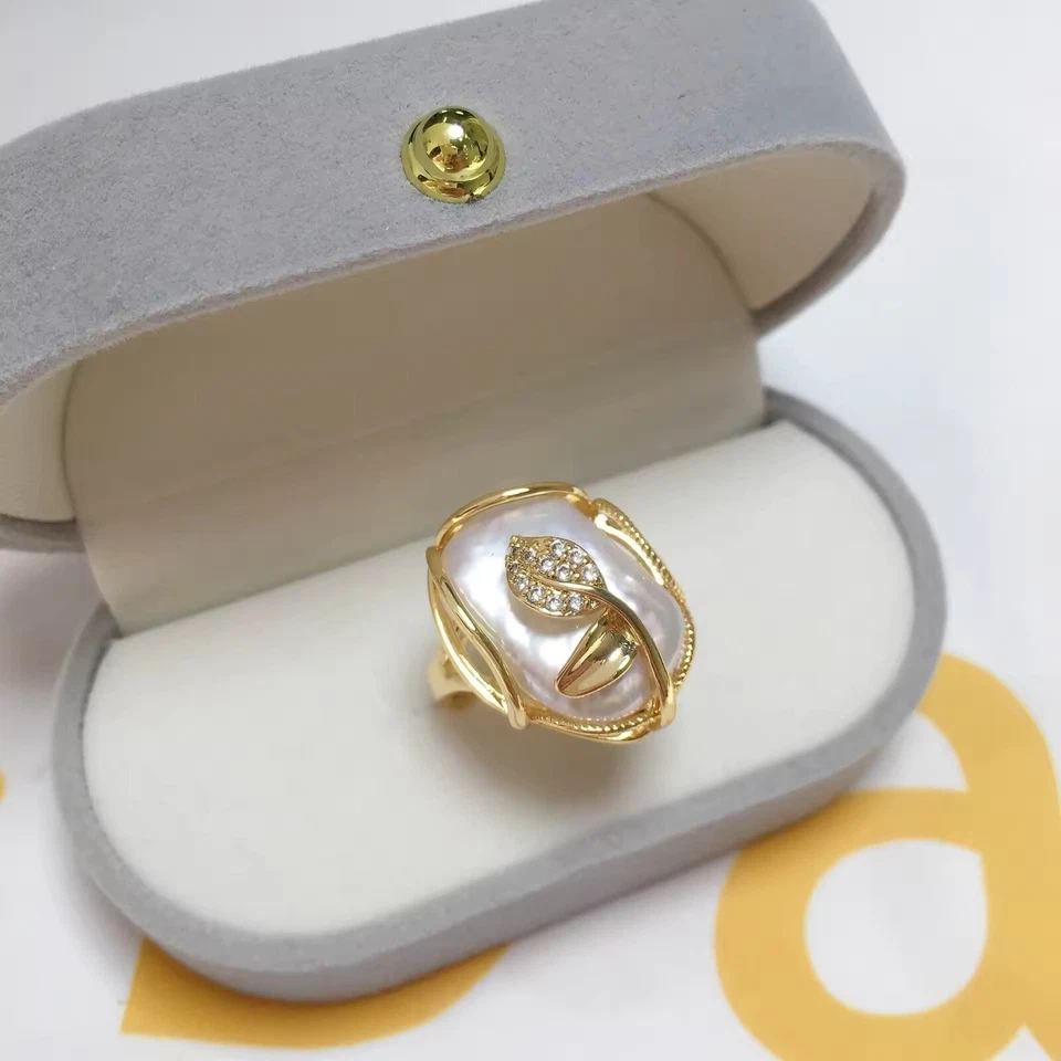 Damen Ring Messing 18 K GG verg Echt Süßwasser Perle Form Barock Rhodiniert - Bild 4 von 4