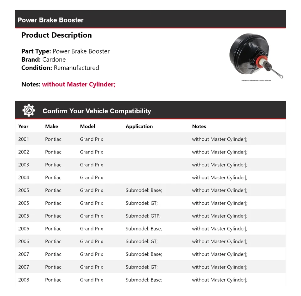 Para Pontiac Grand Prix 2001-2008 Power Brake Booster Cardone 2002 2003 2004 2005 Foto 2 de 3
