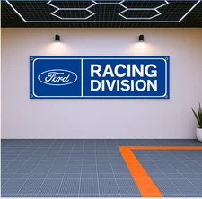 Ford Racing Division Flag Banner 71x24" – Garage Wall Decor for Racing Fans