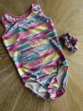 Plum Practicewear Gymnastics Leotard & Scrunchie Pink Purple Yellow Green AXS