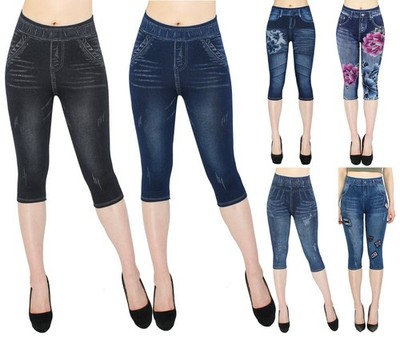 3/4 Capri Leggings Damen Sommer Jeggings in Jeans-Optik mit Blumenmuster