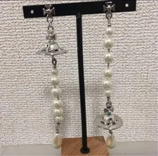 【In Box/Drawstring】Vivienne Westwood Long Pearl Earrings Silver White Orb Drop