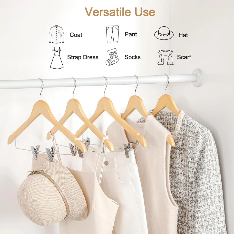Wooden Hangers with Adjustable Metal Clips and 360° Swivel Hook, 10 Pack - Image 2 of 4
