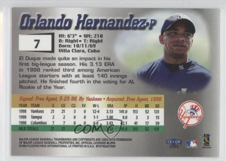 1999 Fleer Mystique Orlando Hernandez #7 - Image 2 of 2