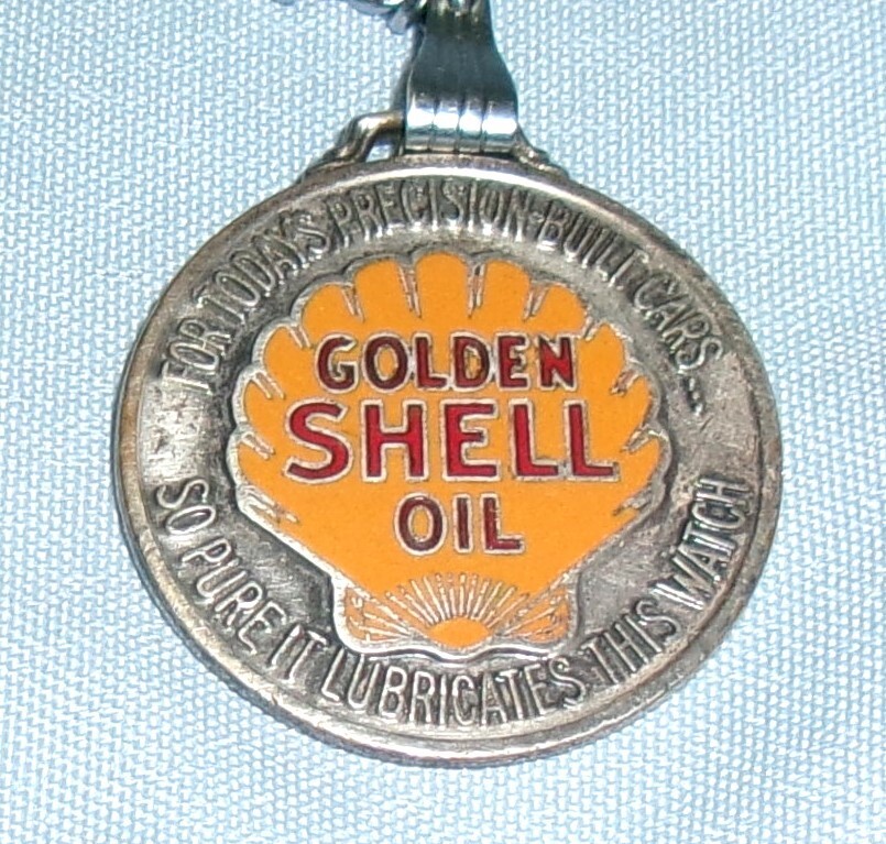 VINTAGE 1930s/40s ENAMELED GOLDEN SHELL OIL POCKET WATCH FOB W/ 5" LONG CHAIN eBay