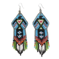 Handmade Blue Black Beaded Eagle Design Hook Earrings