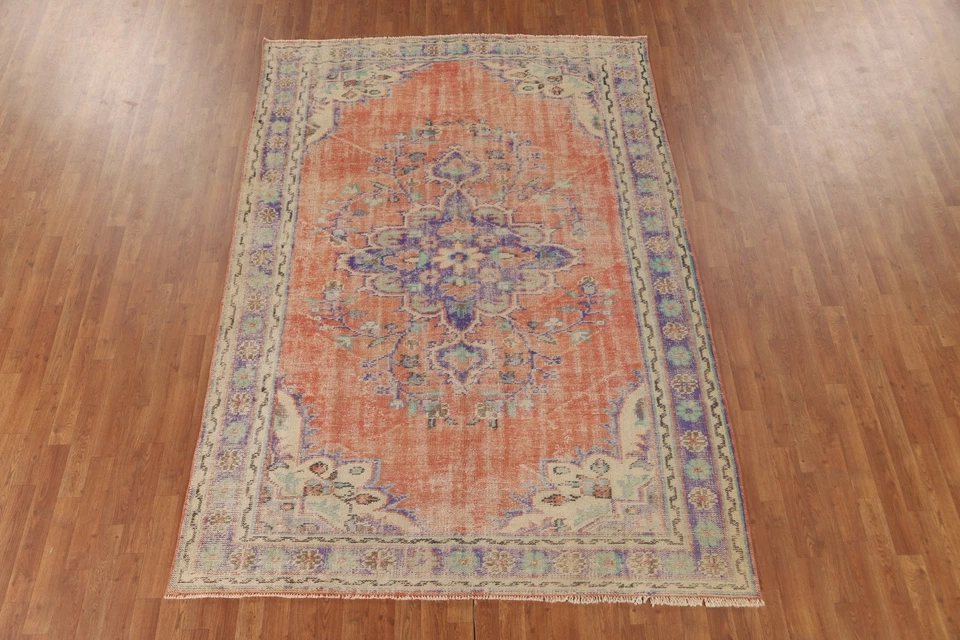 Vintage Orange/ Blue Sparta Turkish Handmade Living Room Rug 6'x9' Wool Carpet - Image 2 of 4