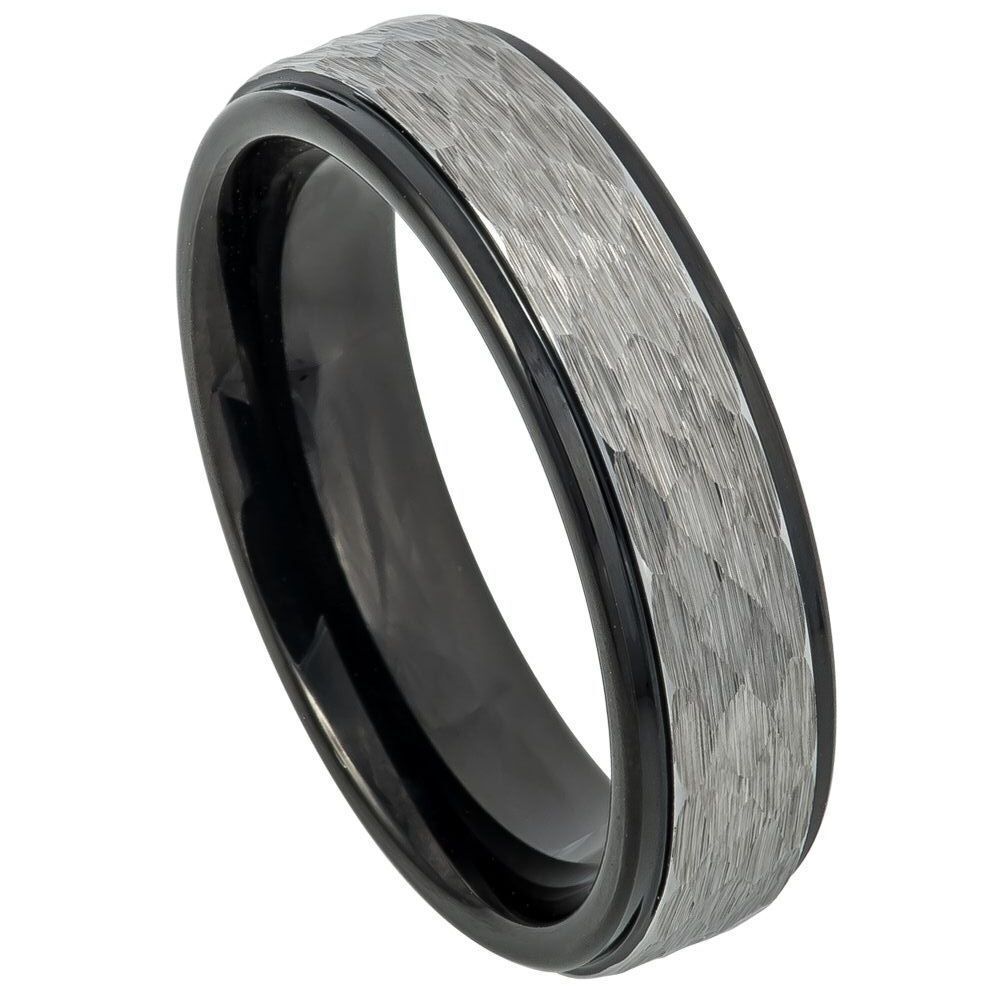 Tungsten Ring Unisex Two-tone Hammered Gun Metal Brush Black IP Inner Ring