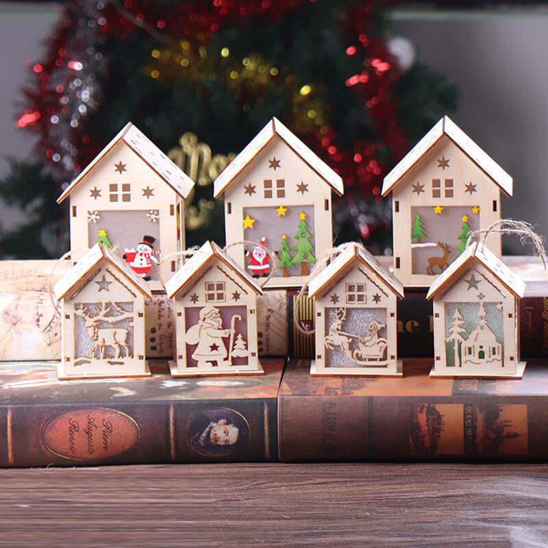 Able Wooden Led Light House Ornament For Christmas Tree Hanging Decor