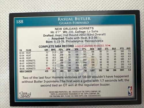 TARJETA DE BALONCESTO RASUAL BUTLER HORNETS 2009 FIRMADA AUTOGRAFIADA TOPPS NBA B - Imagen 2 de 2