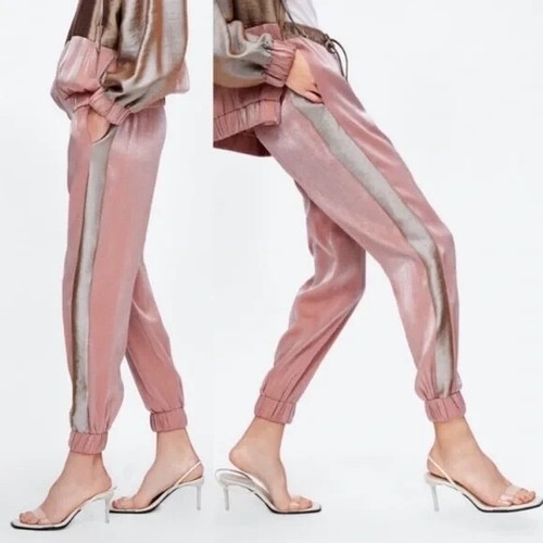 Zara Jogger Pants Womens Size XS Pink Satin Metallic Drawstring Pull On Pockets - Picture 2 of 11