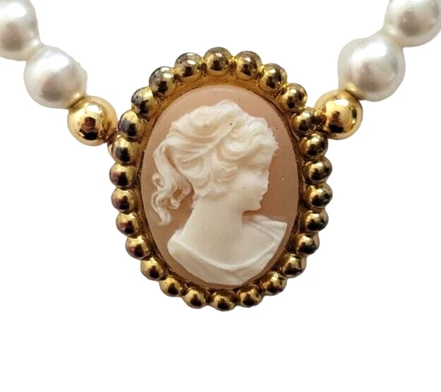 Victorian Style Choker Necklace Pink Cream Resin Cameo Brooch Lady Faux Pearls - image 3 of 4
