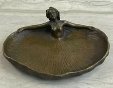 VINTAGE NUDE LADY DANCER ART STATUE ARMOR BRONZE ASHTRAY COIN TRAY HOLDER DECO