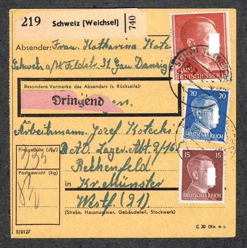 DR Paketkarte gest. Schweiz (Weichsel) nach Reckenfeld 23.1.44 Mi 789, 791, 801