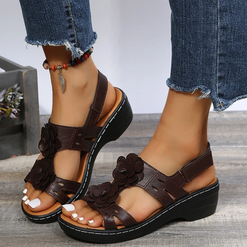 Women Summer Casual Flower Sandals Faux Leather Mid Wedge Heels School Pumps