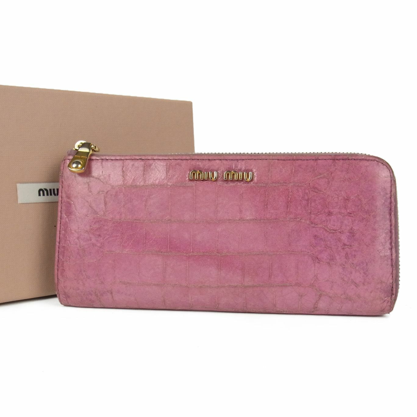 Auth Miu Miu Crocodile Embossed Leather L Shaped Leat Gem