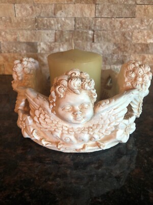 Angel Cherub Candle Holder Antique White Finish Plaster Based 7in Diameter