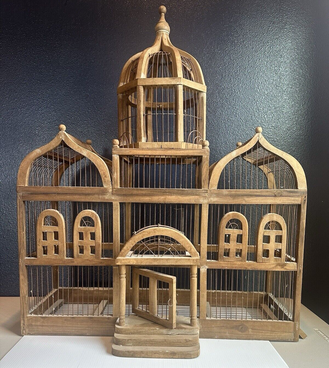 Vintage Bird Cage French Victorian Wood Wire Dome Antique Taj