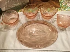 Vintage Federal Sharon/Cabbage Rose Pink Glass Oval Serving Bowl + 4 teacups