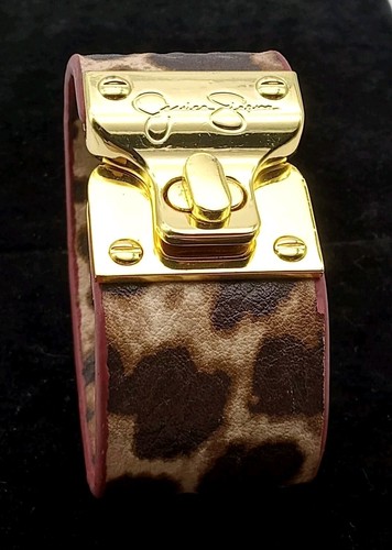 Cheetah Animal Print Cuff Bracelet Signed Jessica Simpson Gold Tone Brown Hues - 第 3/13 張圖片