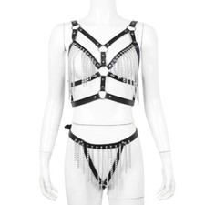 Womens PU Leather Chain Lingerie Open Bust Body Harness G-String Bra Thong