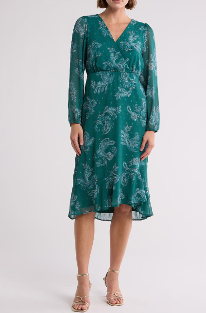lucky brand midi dress Women's Long Sleeve Floral A bold paisley print brings charming style to a lightweight midi dress fashioned with puffed balloon sleeves and a fluttery high Lucky Brand Paisley Long Sleeve