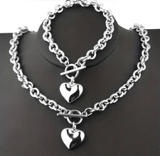 Sweet Silver Tone Chain Link Heart-Shaped Pendant Bracelet Necklace Set 256
