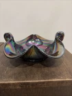 Vintage FENTON Double Handled Swan Bowl Carnival Glass, Blue Purple Iridescent
