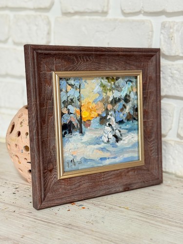Original Oil Painting Winter Sunset Landscape Forest Art Signed Framed Impasto - Picture 3 of 7