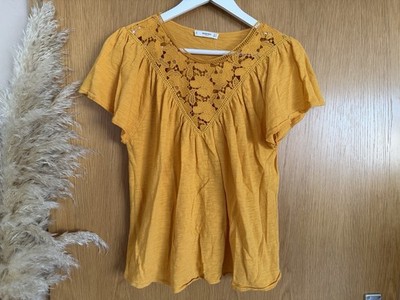 Mango Damen Blusentop Gr M senfgelb Spitzendetails Tunika Shirt 100% Baumwolle