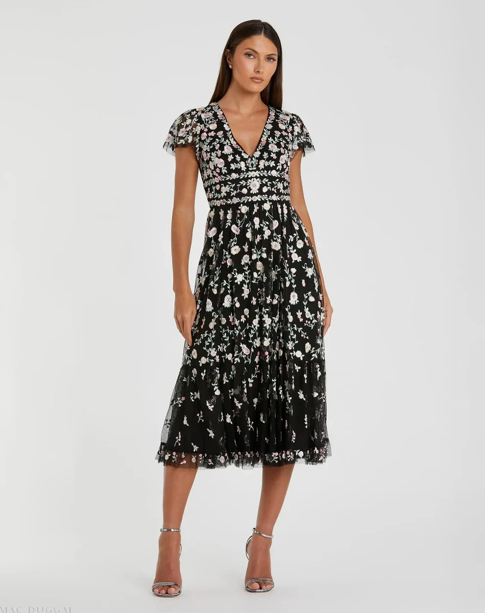 Mac Duggal 35104 Black Embroidered Cap Sleeve Midi Dress Size 12 $698