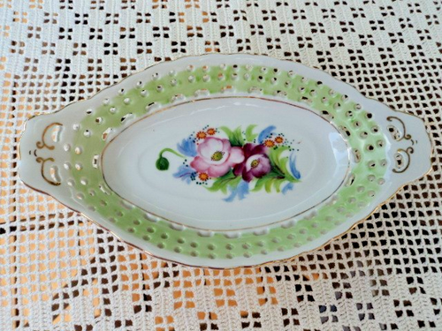 Reticulated hand painted oval dish made in Occupied Japan